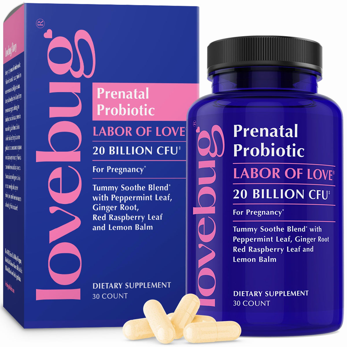 LOVEBUG Prenatal Probiotic | Helps with Morning Sickness, Nausea, Heartburn & Digestion | Helps Baby Microbiome | Multi Strain 20 Billion CFU | 30 Capsules - FENGGESTORE20