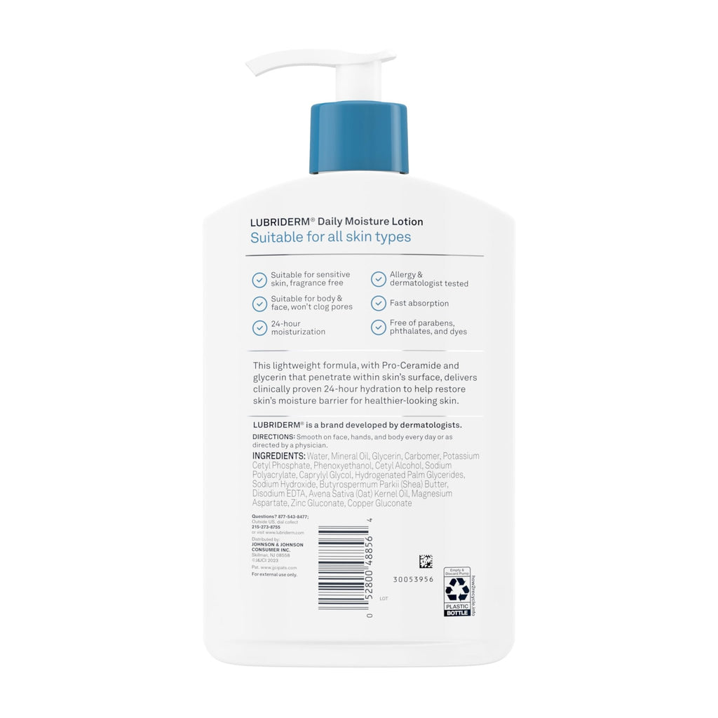 Lubriderm Fragrance Free Daily Moisture Lotion + Pro-Ceramide, Shea Butter & Glycerin, Face, Hand & Body Lotion for Sensitive Skin - FENGGESTORE20