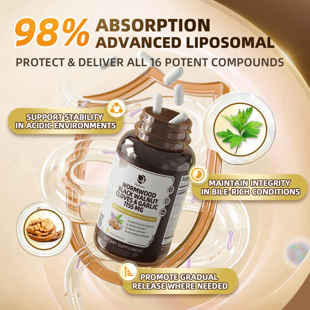 Lukaree 16-in-1 Wormwood Black Walnut Clove Cleanse for Humans – Natural Gut Detox & Digestive Health with Pumpkin Seeds Garlic Oregano Turmeric, Liposomal Tech - FENGGESTORE20