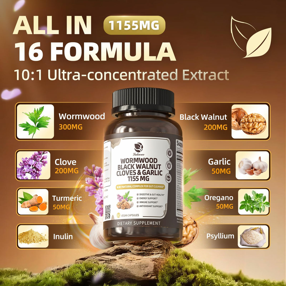 Lukaree 16-in-1 Wormwood Black Walnut Clove Cleanse for Humans – Natural Gut Detox & Digestive Health with Pumpkin Seeds Garlic Oregano Turmeric, Liposomal Tech - FENGGESTORE20