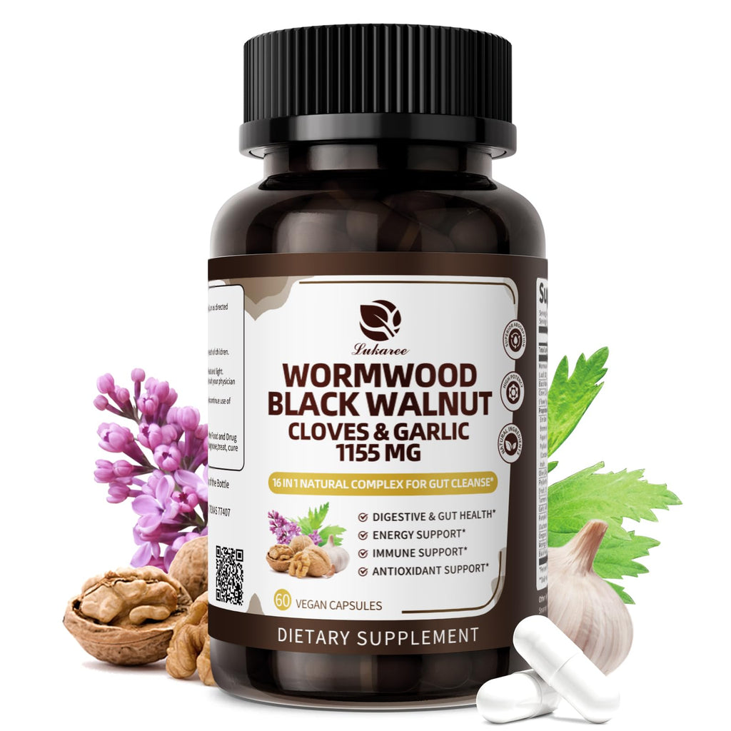 Lukaree 16-in-1 Wormwood Black Walnut Clove Cleanse for Humans – Natural Gut Detox & Digestive Health with Pumpkin Seeds Garlic Oregano Turmeric, Liposomal Tech - FENGGESTORE20