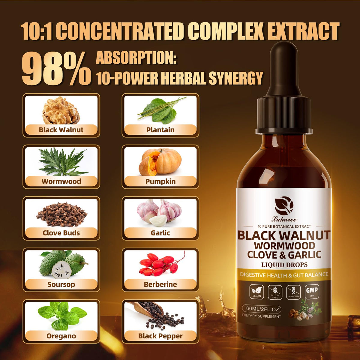 Lukaree Wormwood Black Walnut Clove Cleanse for Humans Tincture – Rapid Gut Detox & Digestive Health with Garlic Pumpkin Seeds Soursop Oregano, 10:1 Ultra-Concentrated Liposomal Tech 98% Absorption - FENGGESTORE20