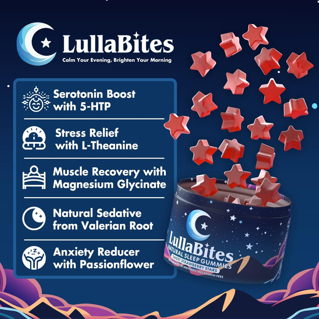 LullaBites - Natural Sleep Gummies - Made in USA - With 5-HTP, L-Theanine, Magnesium & Valerian Root - Melatonin Free - Vegan - Halal - Sugar, Gluten Free - Sweet Strawberry - FENGGESTORE20