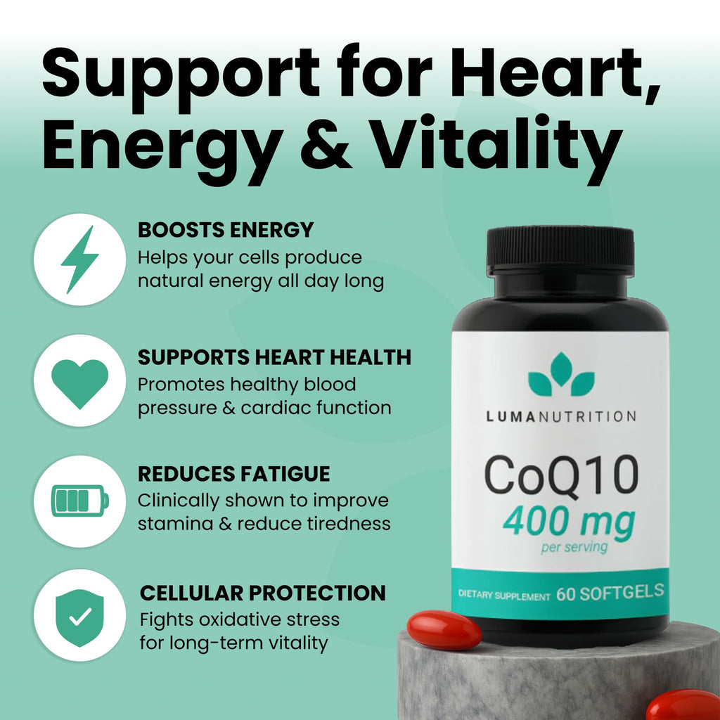 Luma Nutrition CoQ10 400mg Softgels - High-Absorption Coenzyme Q10 - Co Q-10 200mg / 400mg Per Serving - Heart Health - 60 Liquid Softgels - FENGGESTORE20