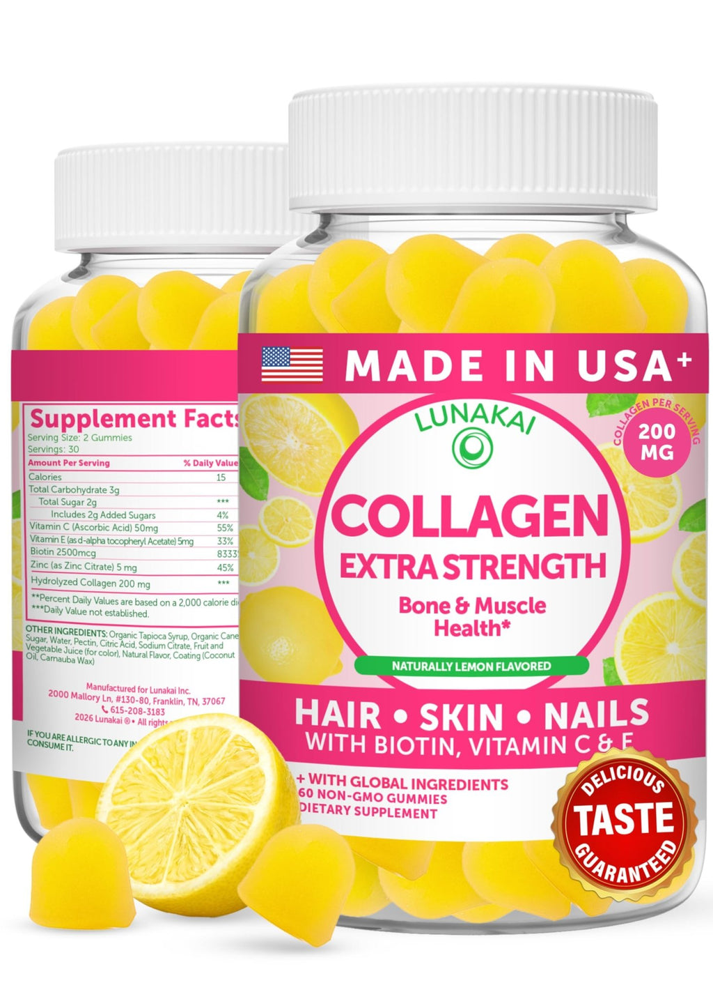 Lunakai USA Made Collagen Peptides Gummies - 200mg Non-GMO Anti-Aging Formula with Biotin, Zinc, Vitamins C - FENGGESTORE20