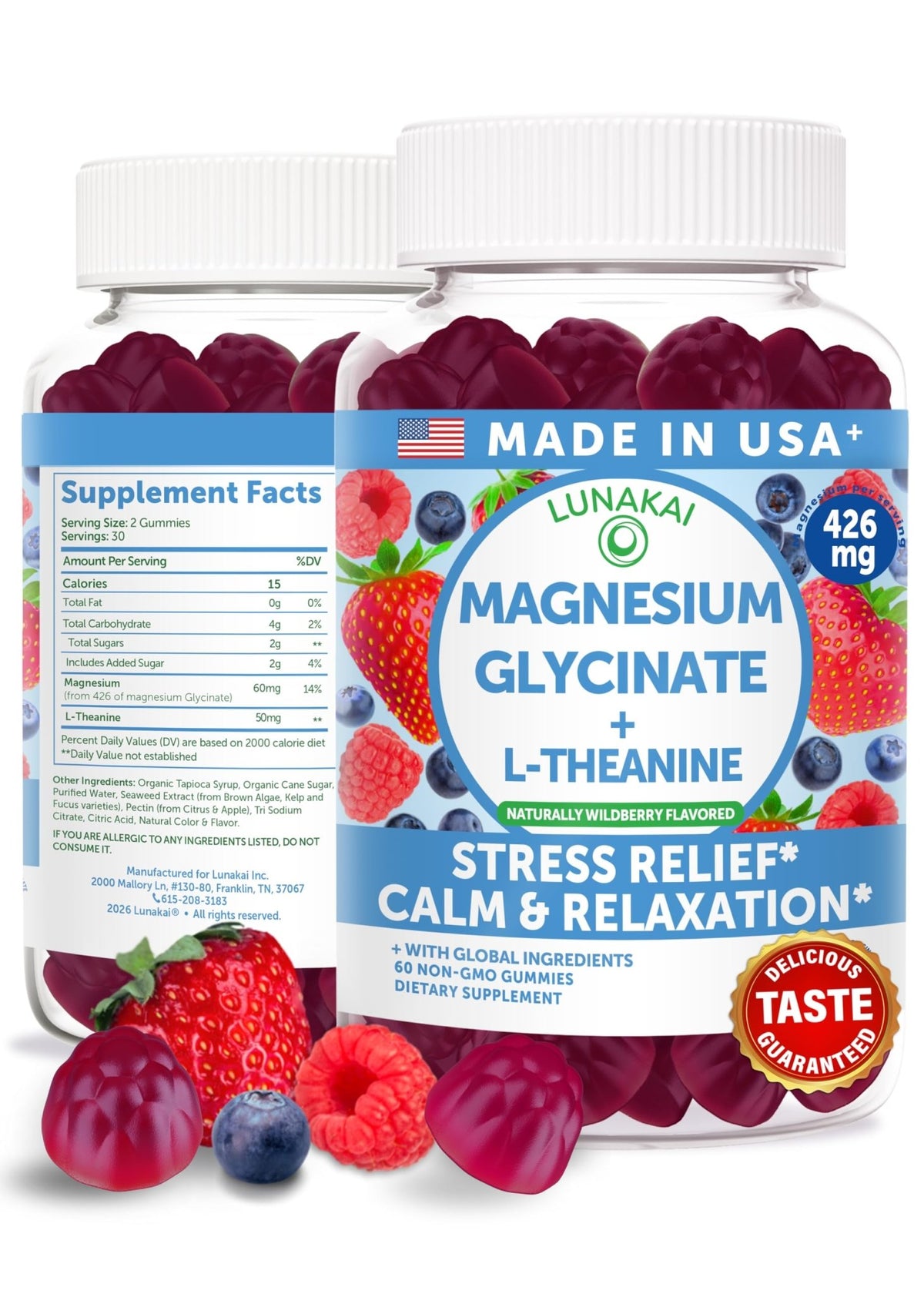 Lunakai USA Made Magnesium Glycinate Gummies 426mg with L-Theanine – Calm, Sleep, Stress Relief for Adults & Kids, Non-GMO, Vegan, 60ct - FENGGESTORE20