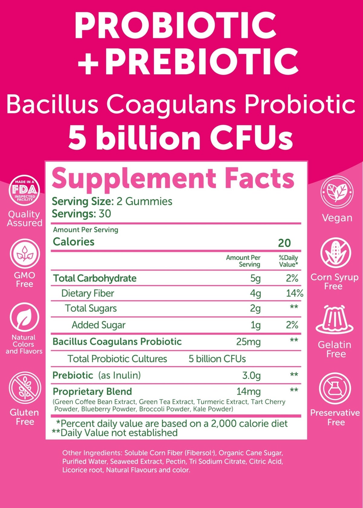 Lunakai USA Made Prebiotic + Probiotic Gummies for Women and Men - High Potency 5 Billion CFUs with Fibers - FENGGESTORE20