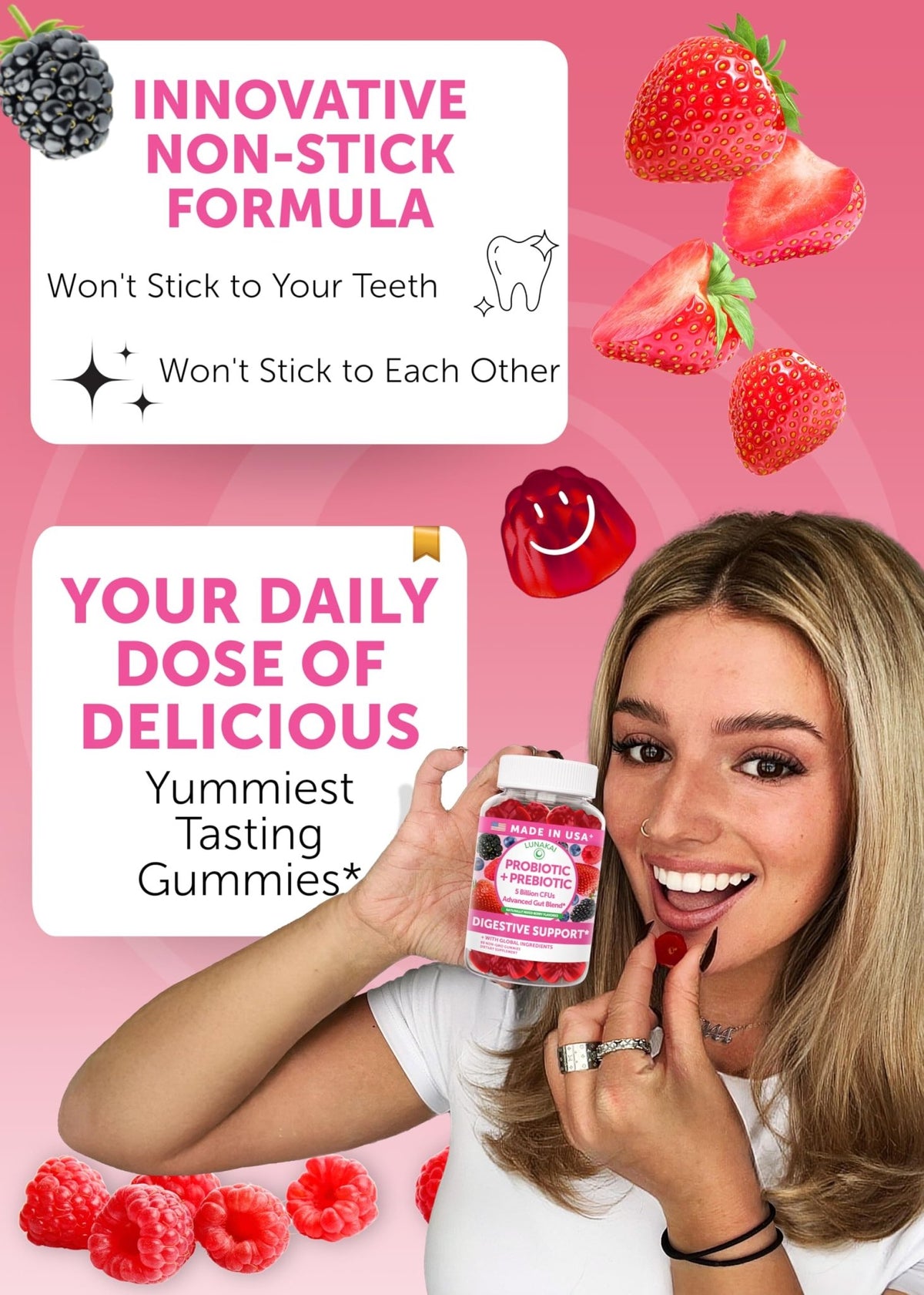 Lunakai USA Made Prebiotic + Probiotic Gummies for Women and Men - High Potency 5 Billion CFUs with Fibers - FENGGESTORE20