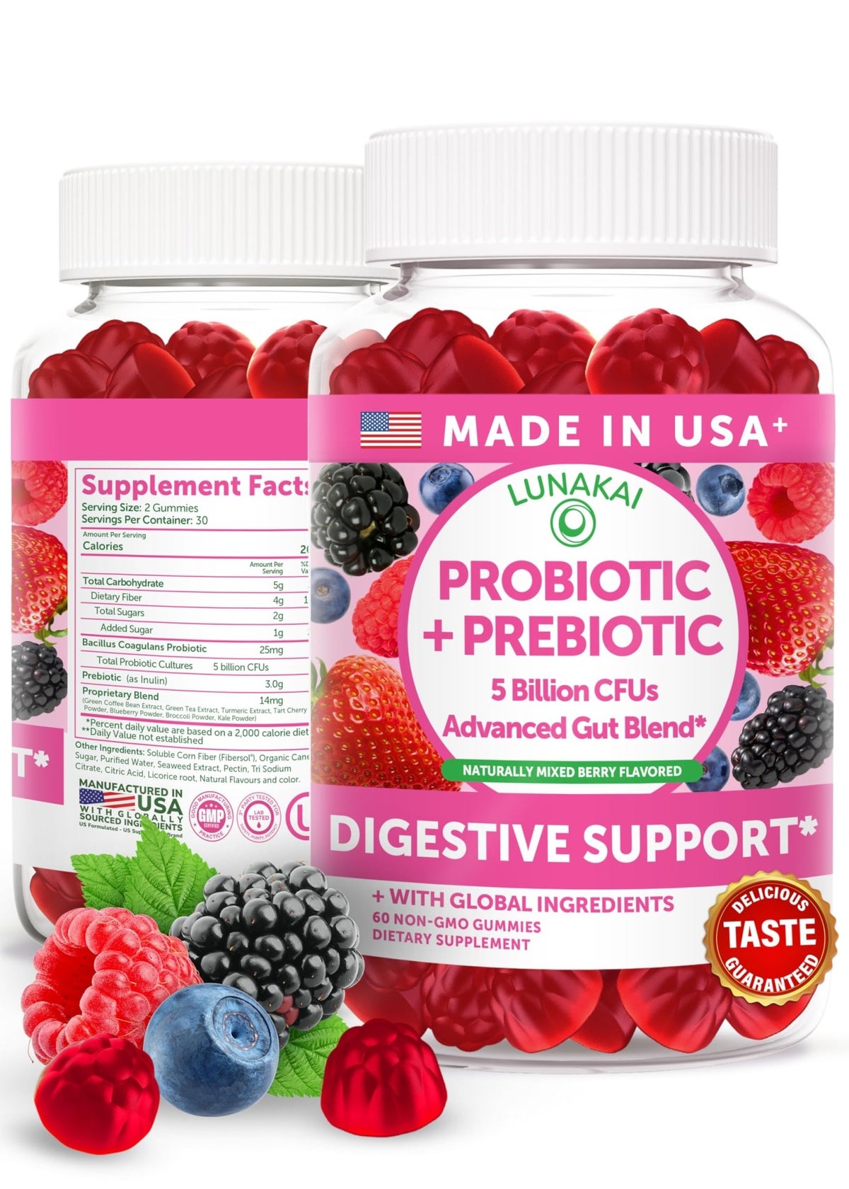 Lunakai USA Made Prebiotic + Probiotic Gummies for Women and Men - High Potency 5 Billion CFUs with Fibers - FENGGESTORE20