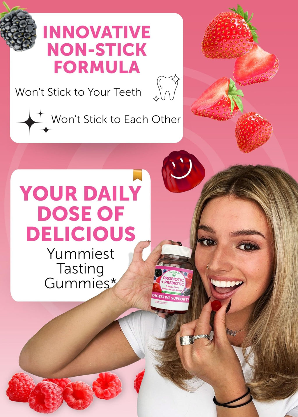 Lunakai USA Made Prebiotic + Probiotic Gummies for Women and Men - High Potency 5 Billion CFUs with Fibers - Non-GMO Gut Health Support - 3 Pack - FENGGESTORE20