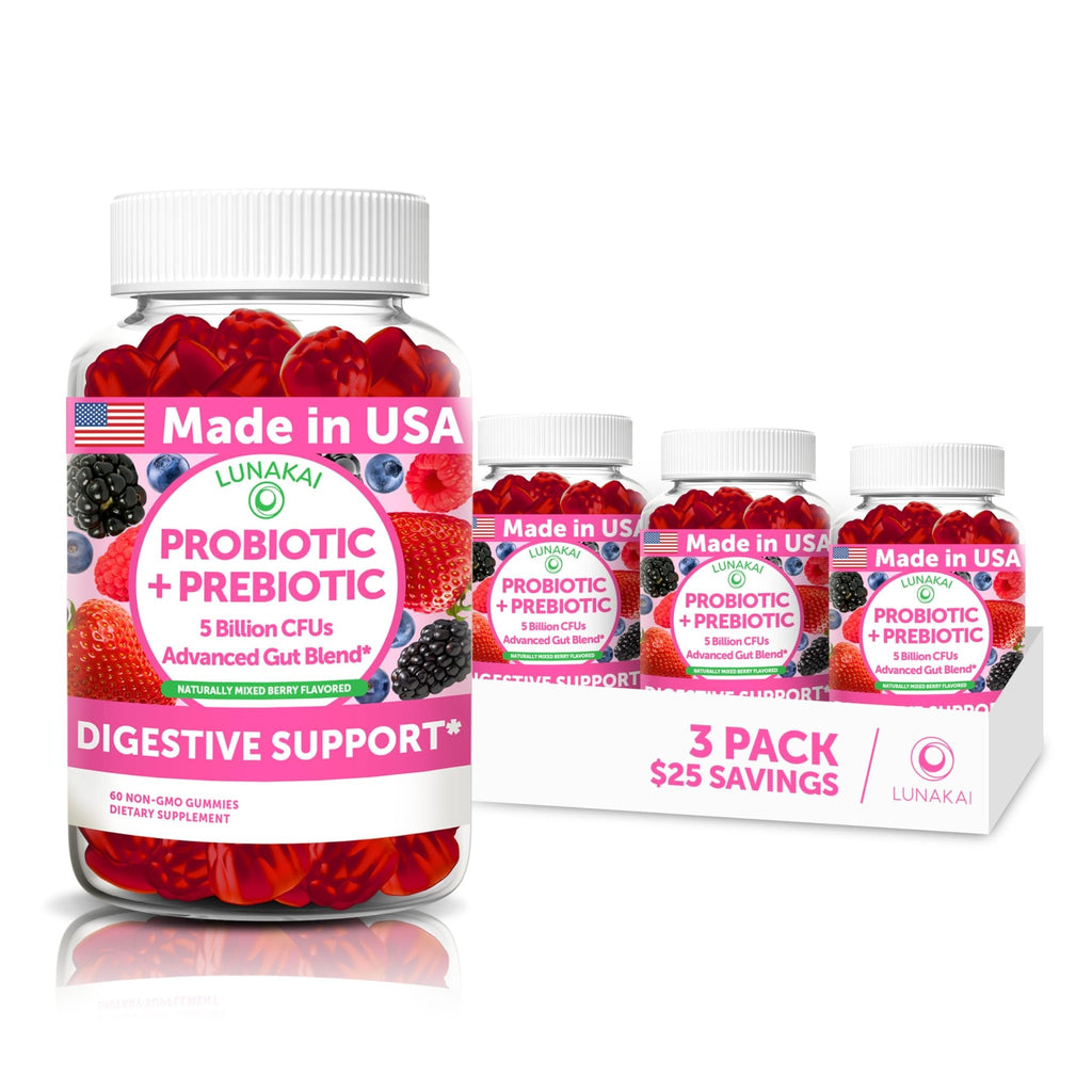 Lunakai USA Made Prebiotic + Probiotic Gummies for Women and Men - High Potency 5 Billion CFUs with Fibers - Non-GMO Gut Health Support - 3 Pack - FENGGESTORE20