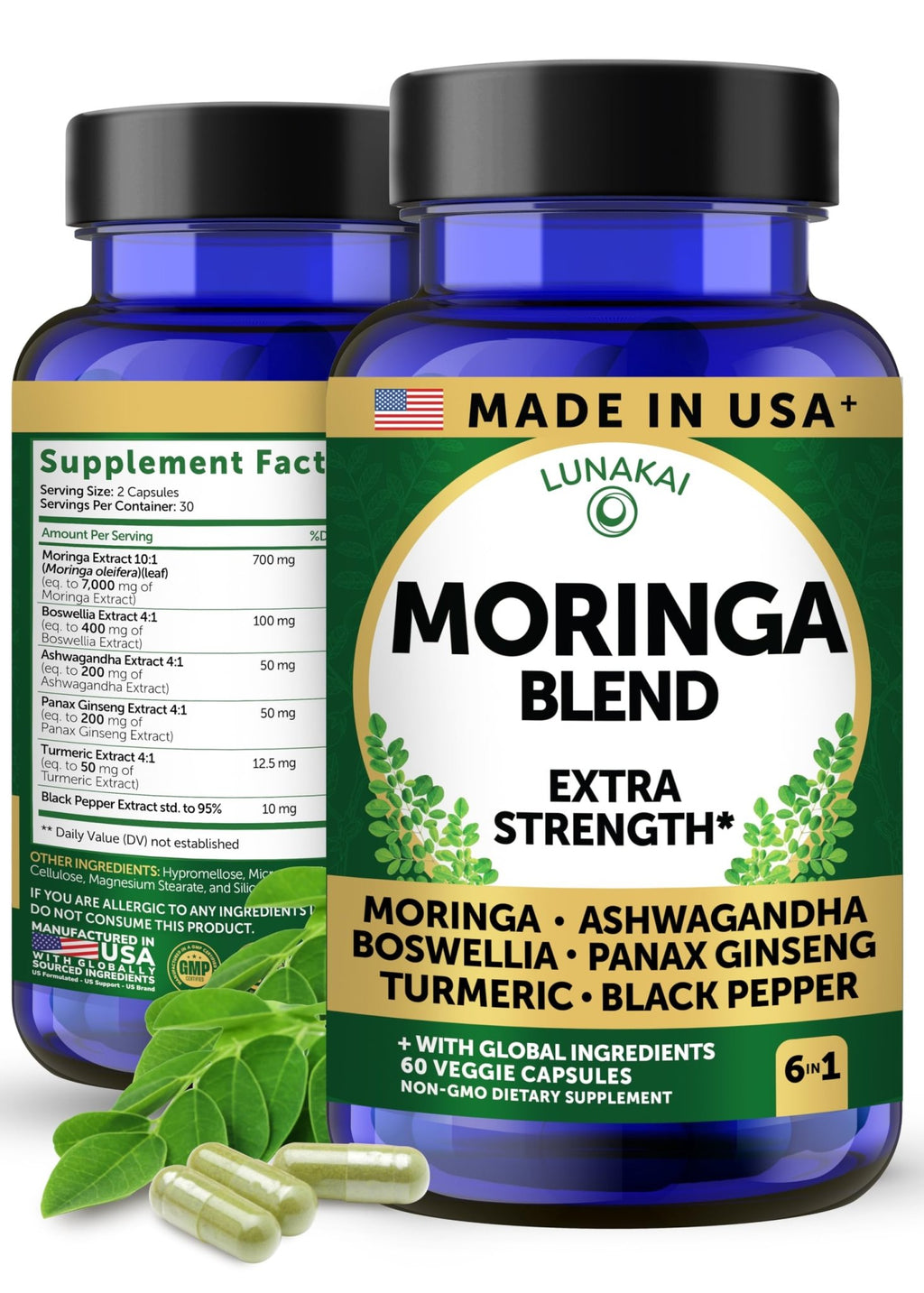Lunakai USA Made Pure Moringa Capsules – Advanced Moringa Leaf Extract Supplement with Ashwagandha, Boswellia, Ginseng & Turmeric, 60ct - FENGGESTORE20