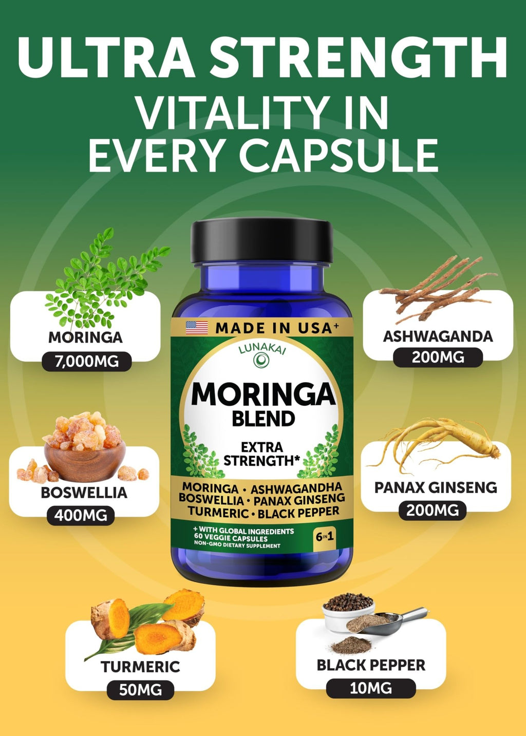 Lunakai USA Made Pure Moringa Capsules – Advanced Moringa Leaf Extract Supplement with Ashwagandha, Boswellia, Ginseng & Turmeric, 60ct - FENGGESTORE20