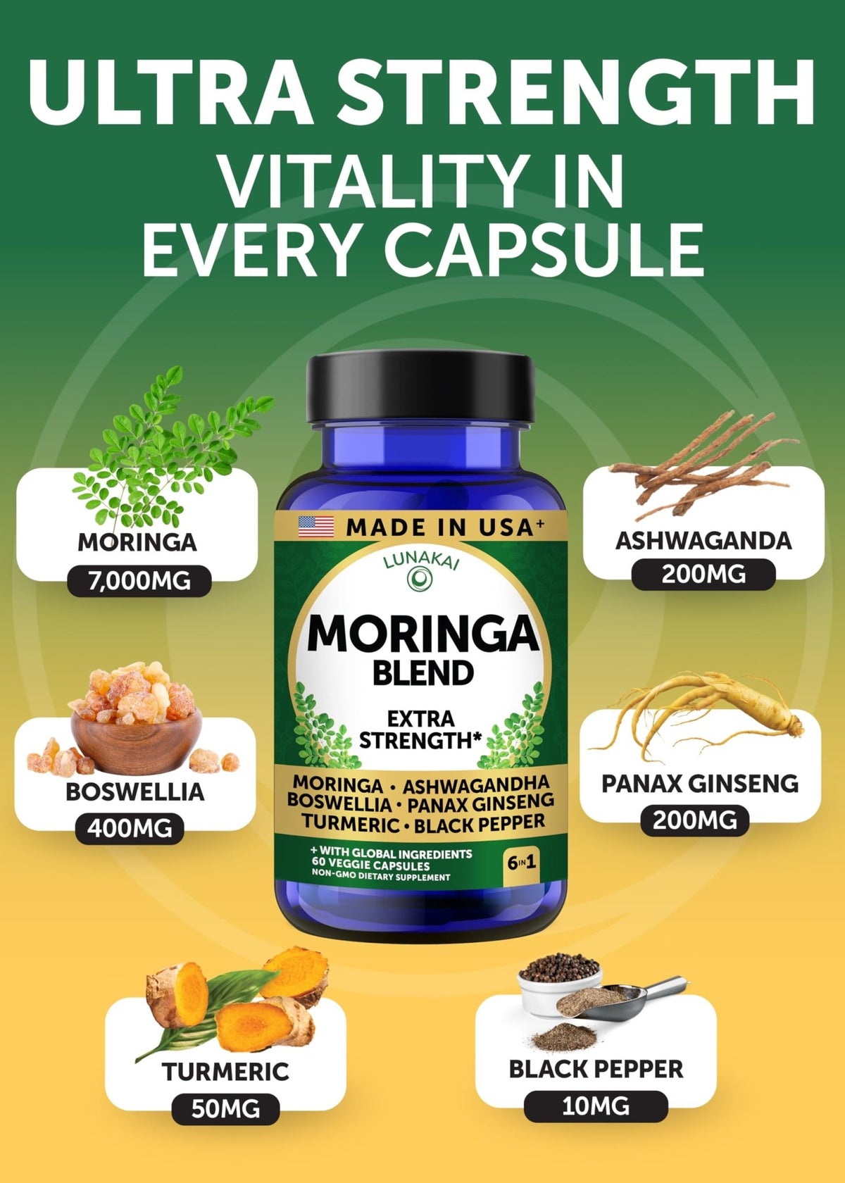 Lunakai USA Made Pure Moringa Capsules – Advanced Moringa Leaf Extract Supplement with Ashwagandha, Boswellia, Ginseng & Turmeric, 60ct - FENGGESTORE20