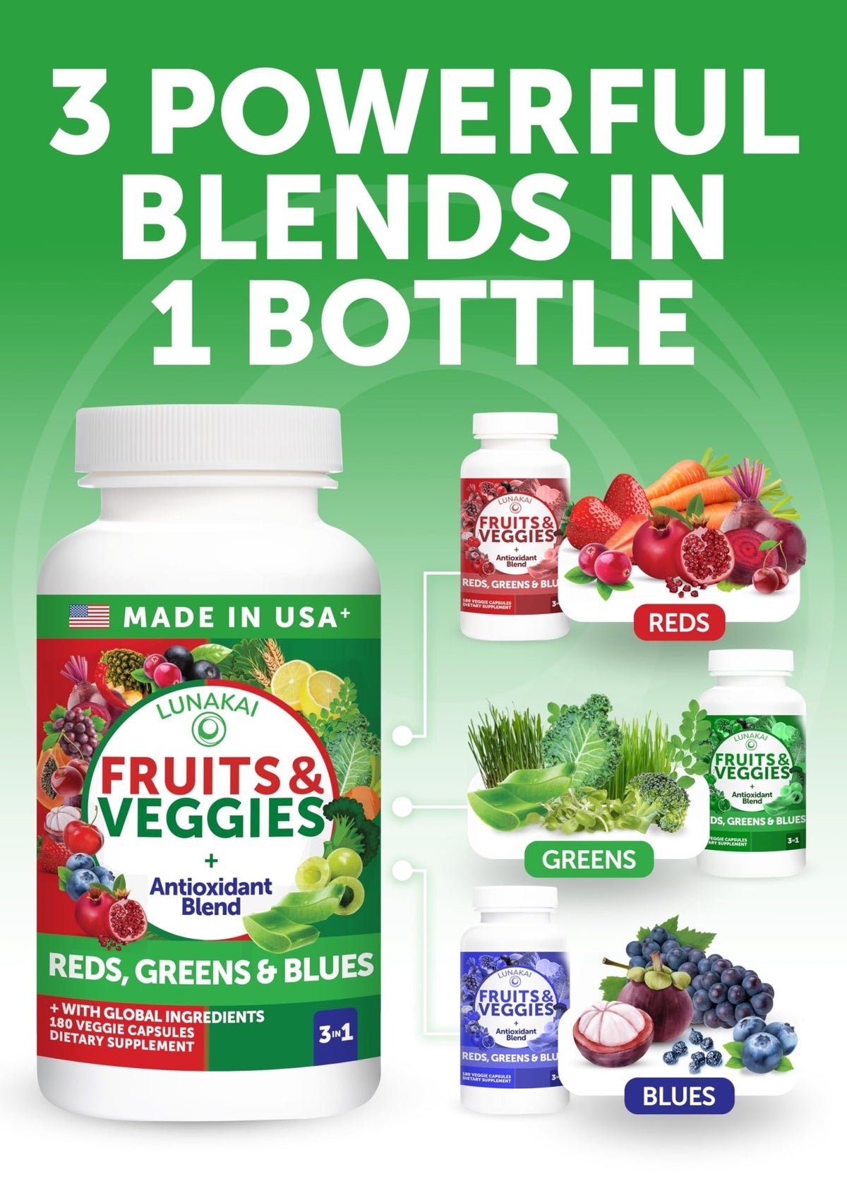 Lunakai USA Made Superfood Fruits & Veggies Supplement - All-in-One with 4 Blends & Scented Capsules, 180ct Super Veggie Capsules for Adults - FENGGESTORE20