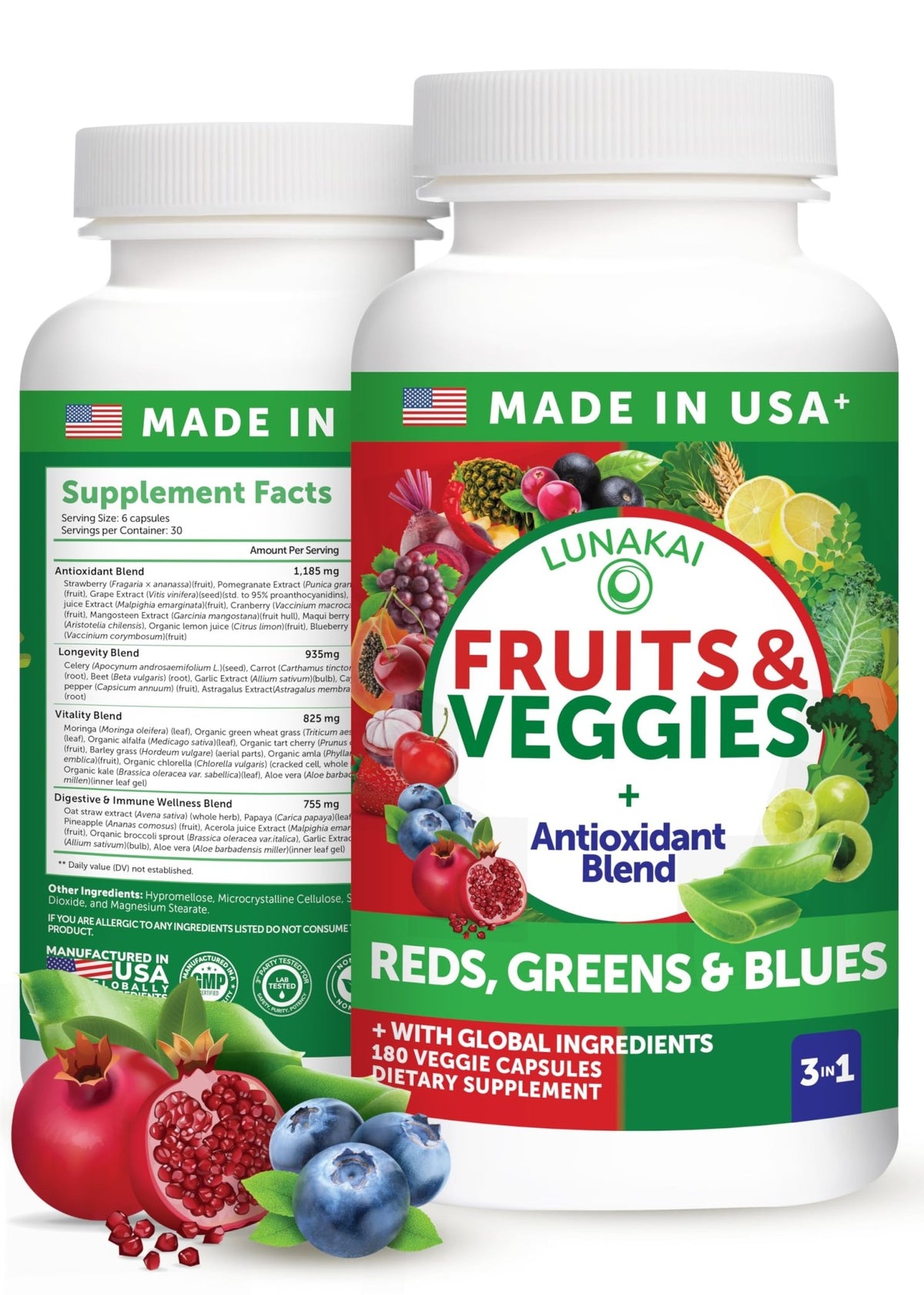 Lunakai USA Made Superfood Fruits & Veggies Supplement - All-in-One with 4 Blends & Scented Capsules, 180ct Super Veggie Capsules for Adults - FENGGESTORE20