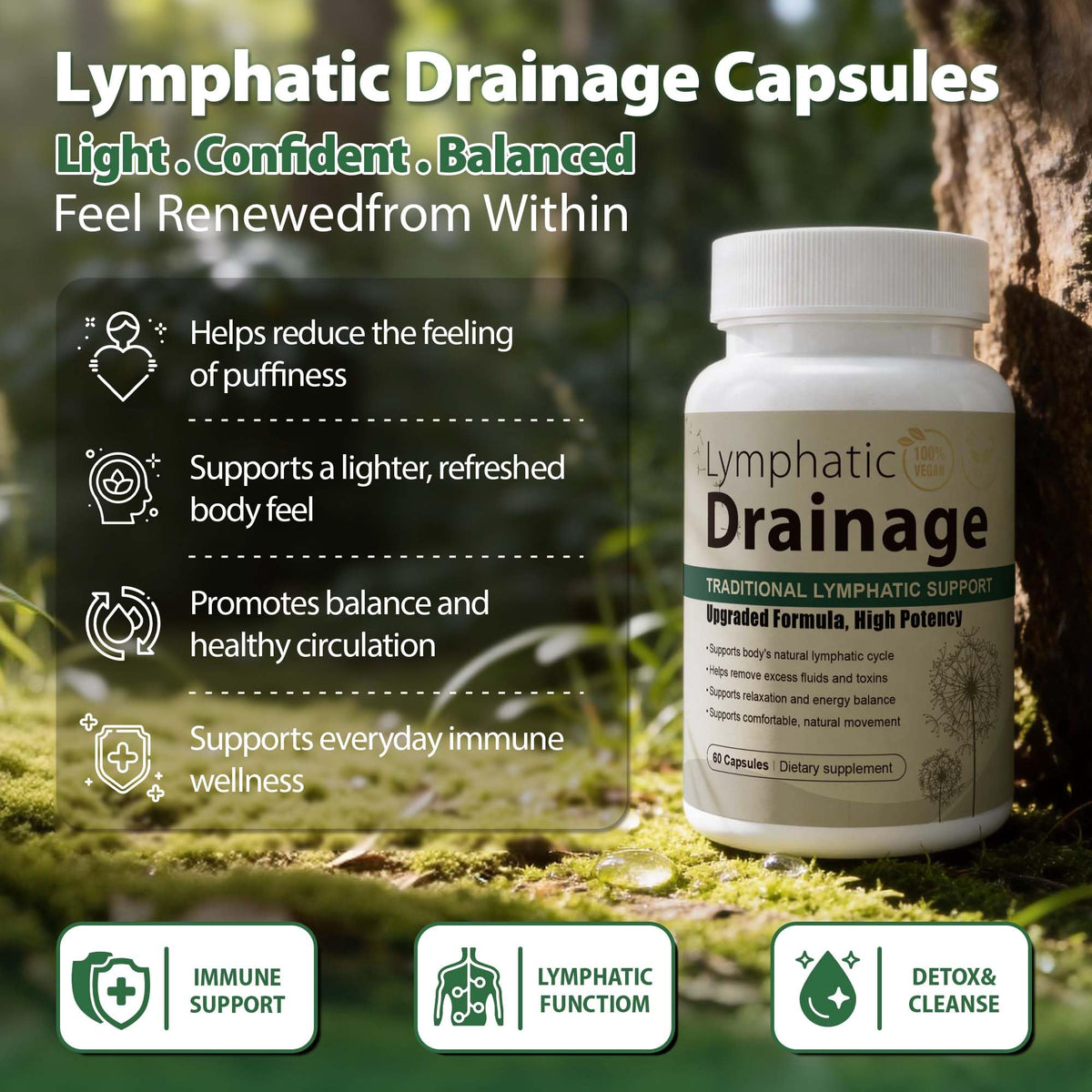 Lymphatic Drainage Capsules Natural Herbal Supplement for Immune Health & Fluid Balance, with Echinacea, Dandelion, and Burdock 60 Capsules - FENGGESTORE20