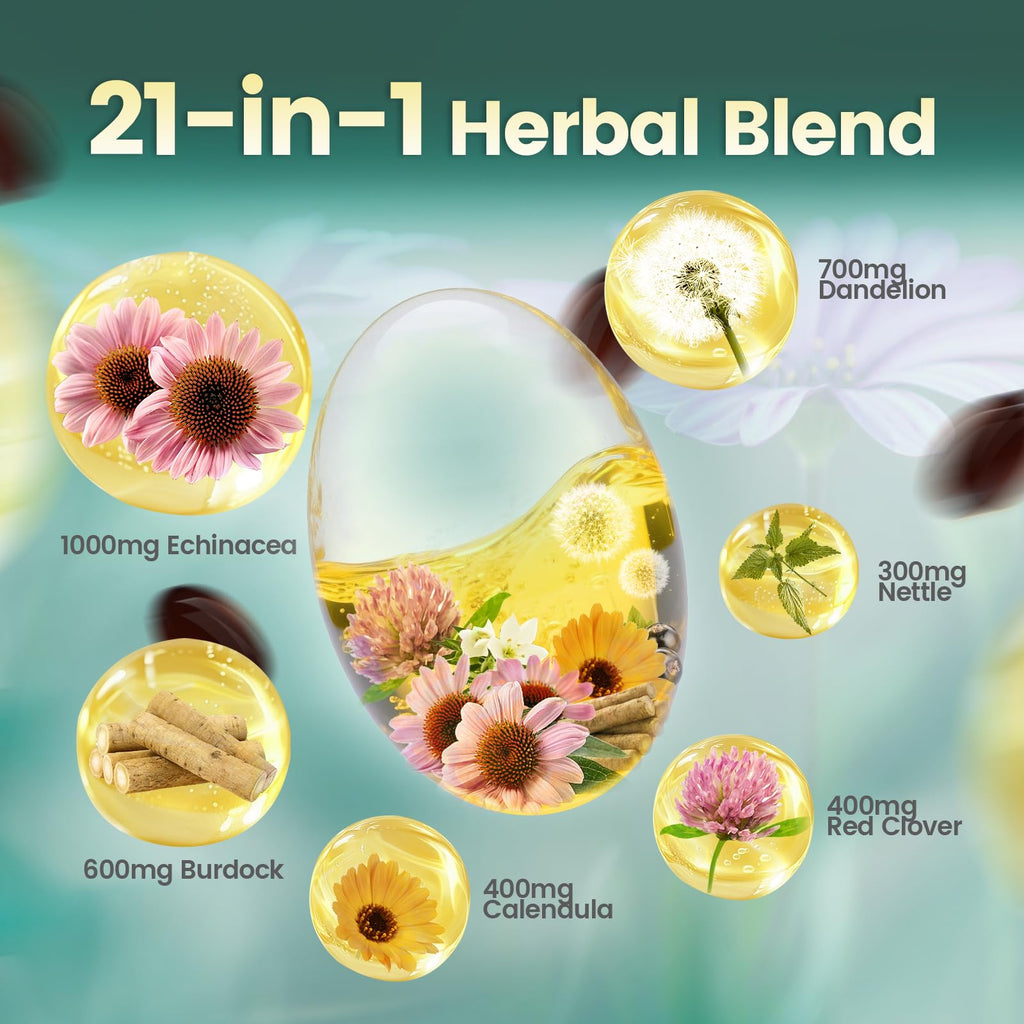 Lymphatic Drainage Supplements, 240 Softgels, Lymph System Support Supplement for Women & Men, 21-in-1 Herbal Blend with Echinacea, Dandelion, Burdock, Bromelain, Calendula, Turmeric & More, 1 Bag - FENGGESTORE20