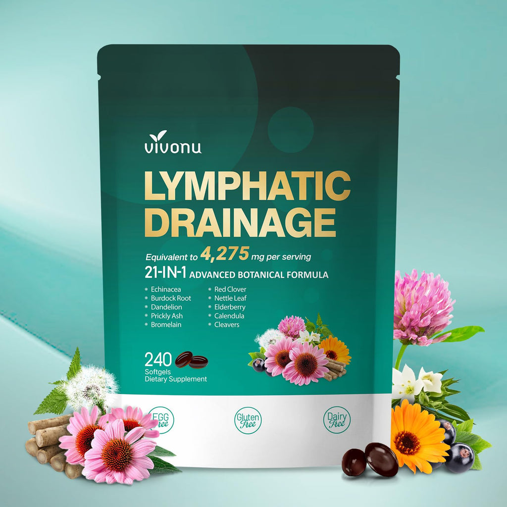 Lymphatic Drainage Supplements, 240 Softgels, Lymph System Support Supplement for Women & Men, 21-in-1 Herbal Blend with Echinacea, Dandelion, Burdock, Bromelain, Calendula, Turmeric & More, 1 Bag - FENGGESTORE20