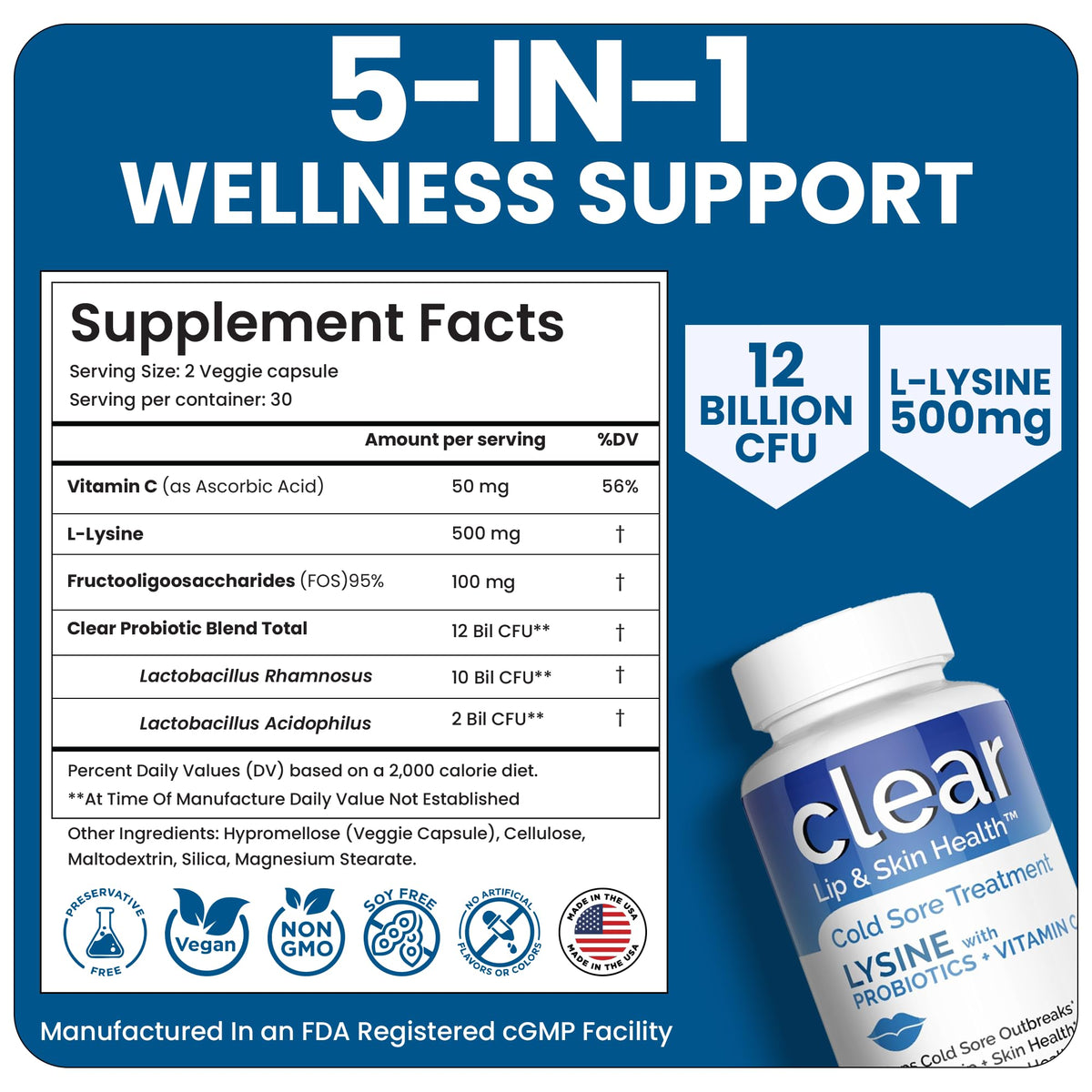 Lysine Cold Sore Treatment for Lips with Pre-Probiotics & VIT C | 1 Month Supply | Supercharged Lysine Capsules with Rhamnosus & Acidophilus for Cold Sores Relief - FENGGESTORE20