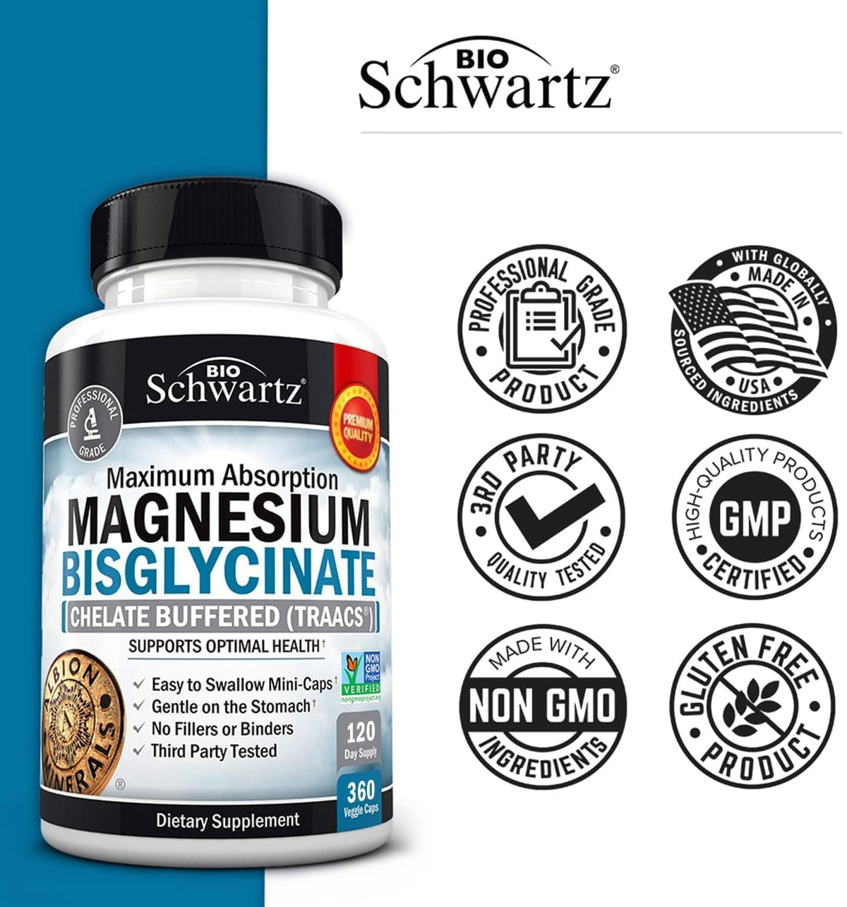 Magnesium Bisglycinate Chelated Supplement - High Absorption Magnesium Glycinate Supplement for Women and Men - Sleep, Muscle, Bone & Joint Support - FENGGESTORE20