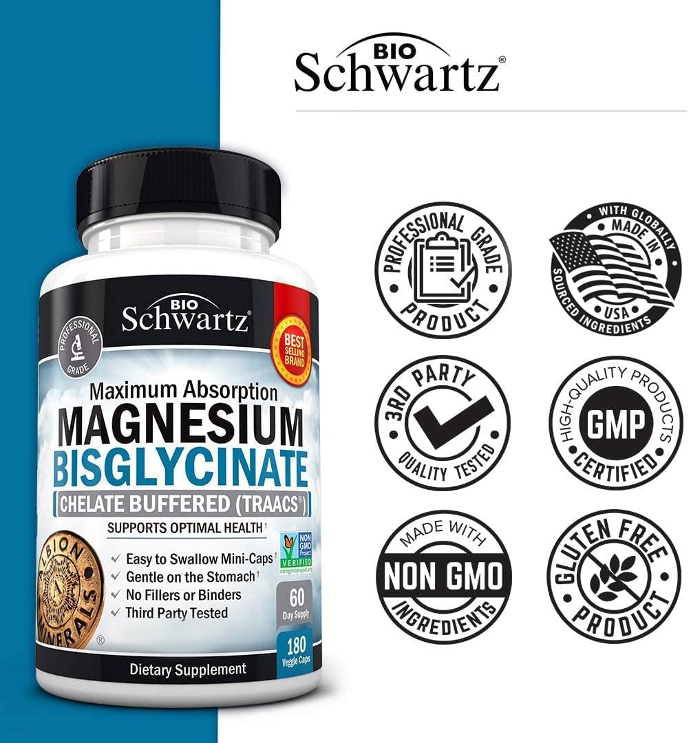Magnesium Bisglycinate Chelated Supplement - High Absorption Magnesium Glycinate Supplement for Women and Men - Sleep, Muscle, Bone & Joint Support - Non-GMO, Non-Laxative Chelate - 180 Capsules - FENGGESTORE20