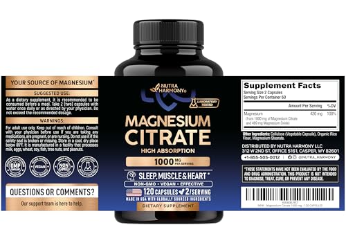 Magnesium Citrate Capsules 1000mg | High Absorption Supplement - Sleep, Muscle & Heart Support - Vegan | Non-GMO - Made in USA - As Powder - FENGGESTORE20