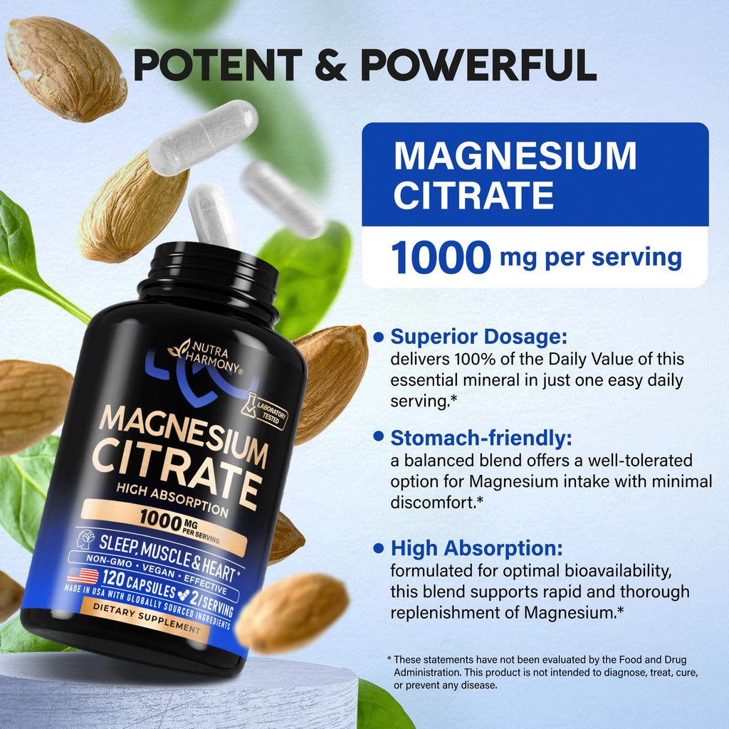 Magnesium Citrate Capsules 1000mg | High Absorption Supplement - Sleep, Muscle & Heart Support - Vegan | Non-GMO - Made in USA - As Powder - FENGGESTORE20