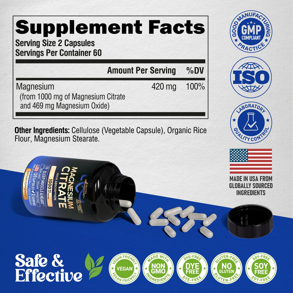Magnesium Citrate Capsules 1000mg | High Absorption Supplement - Sleep, Muscle & Heart Support - Vegan | Non-GMO - Made in USA - As Powder - FENGGESTORE20