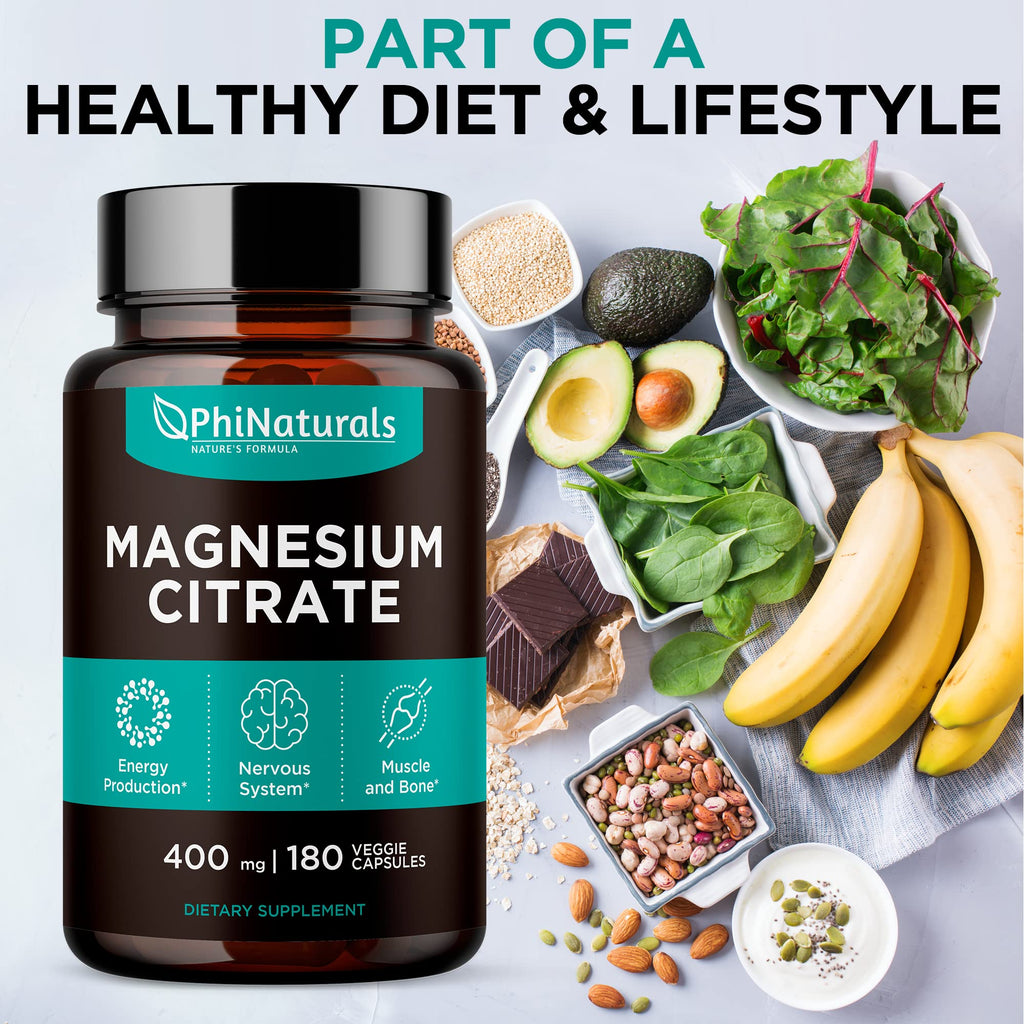 Magnesium Citrate Powder Capsules 400mg - 180 Count Veg Caps - PhiNaturals Supplements - Nervous System Support and Enzyme Function - FENGGESTORE20