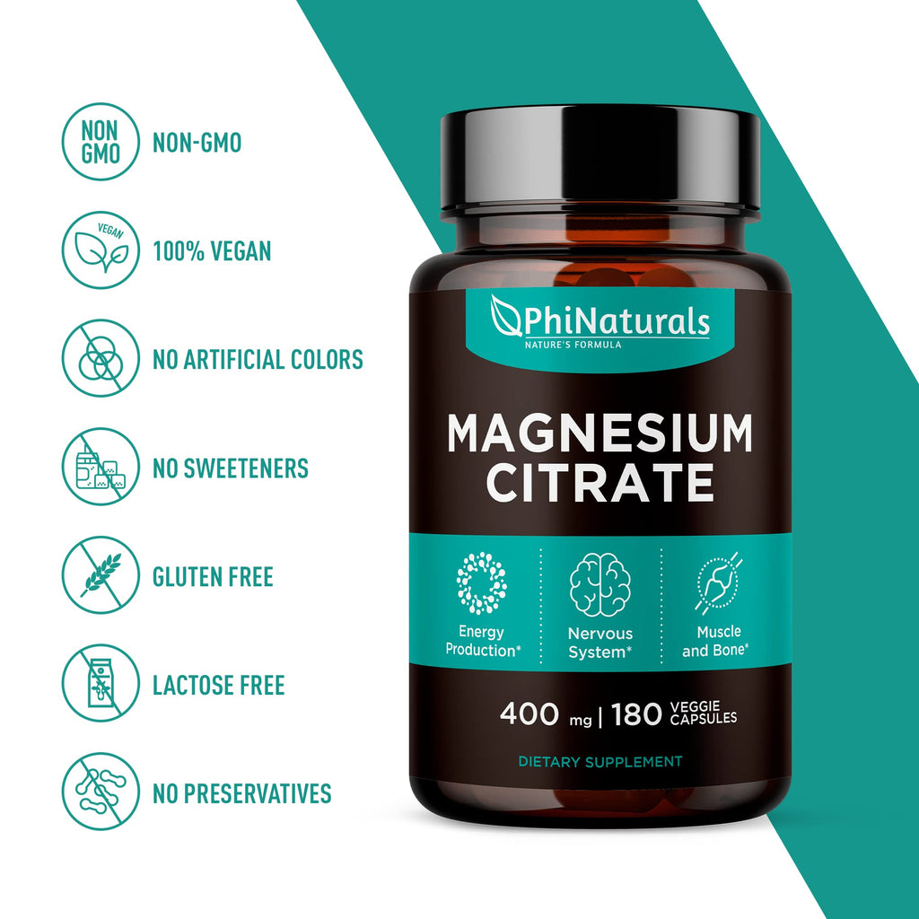 Magnesium Citrate Powder Capsules 400mg - 180 Count Veg Caps - PhiNaturals Supplements - Nervous System Support and Enzyme Function - FENGGESTORE20