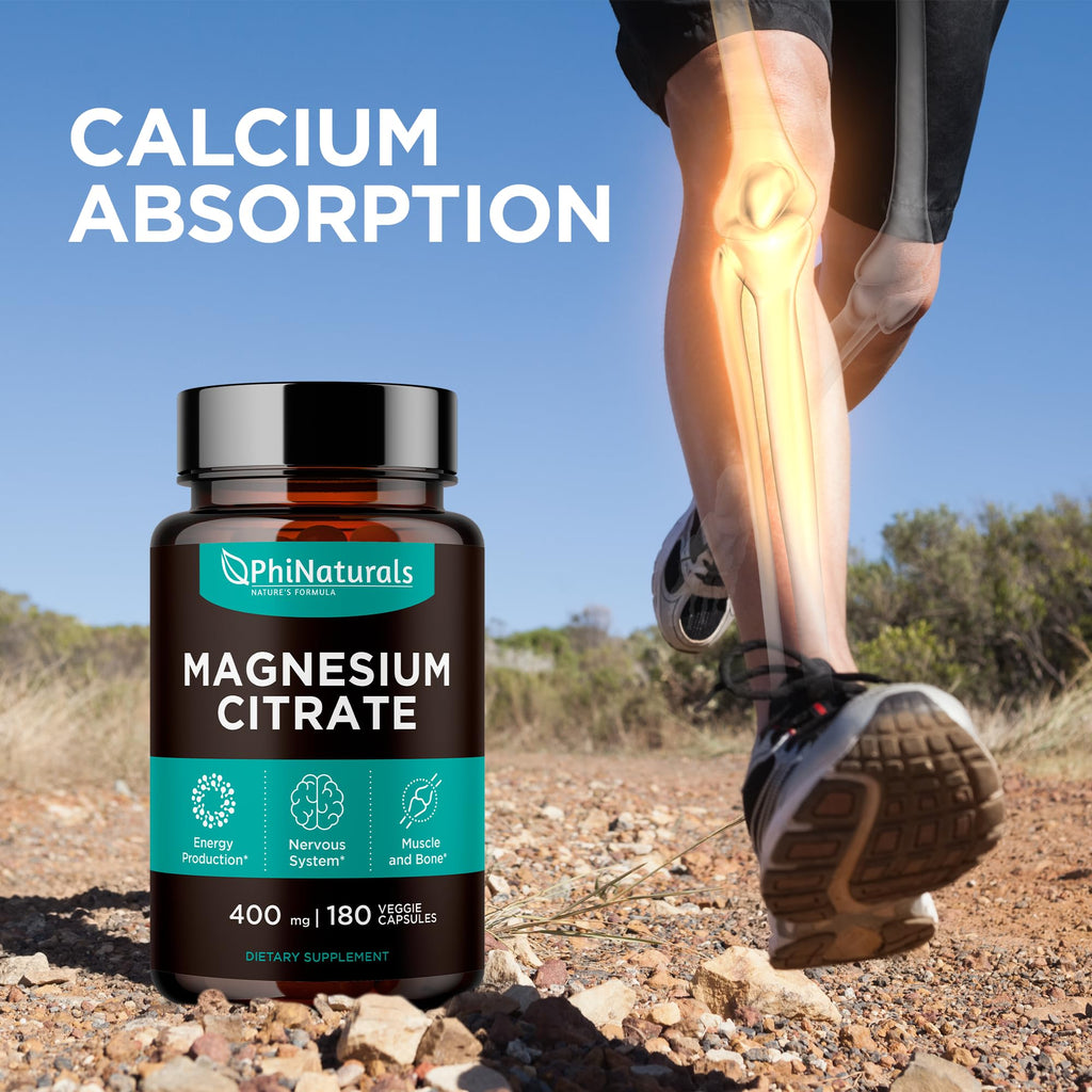 Magnesium Citrate Powder Capsules 400mg - 180 Count Veg Caps - PhiNaturals Supplements - Nervous System Support and Enzyme Function - FENGGESTORE20