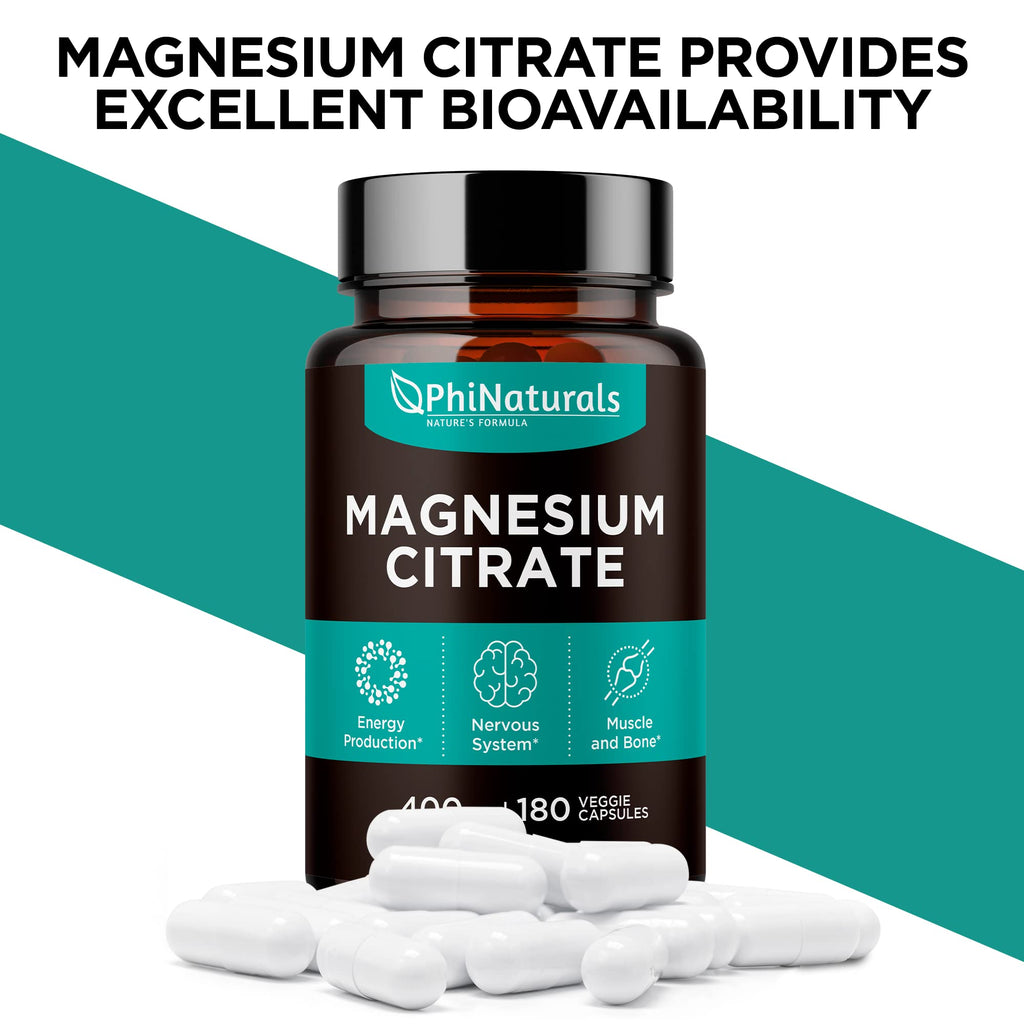 Magnesium Citrate Powder Capsules 400mg - 180 Count Veg Caps - PhiNaturals Supplements - Nervous System Support and Enzyme Function - FENGGESTORE20