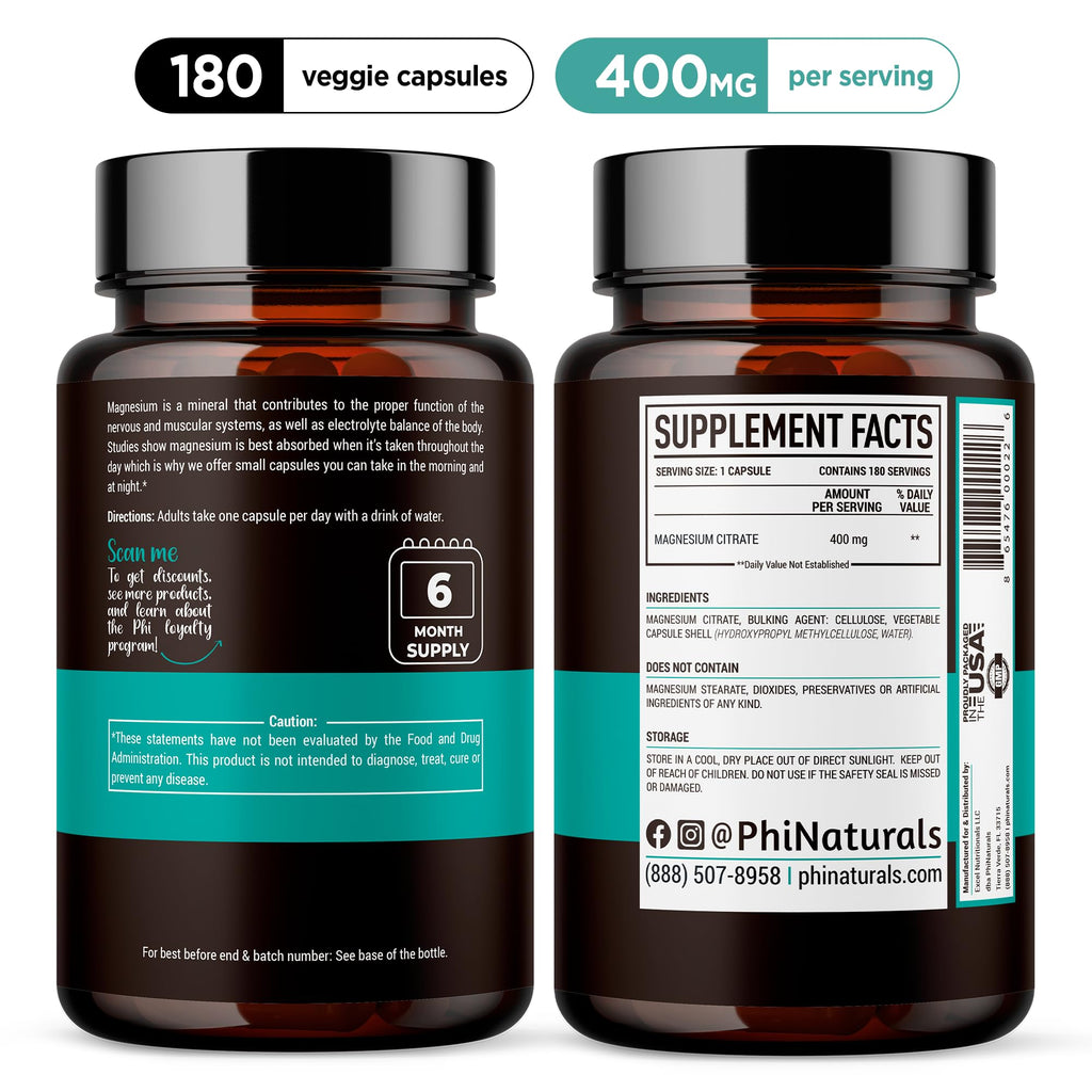 Magnesium Citrate Powder Capsules 400mg - 180 Count Veg Caps - PhiNaturals Supplements - Nervous System Support and Enzyme Function - FENGGESTORE20