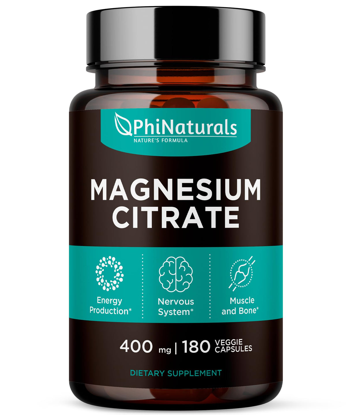 Magnesium Citrate Powder Capsules 400mg - 180 Count Veg Caps - PhiNaturals Supplements - Nervous System Support and Enzyme Function - FENGGESTORE20