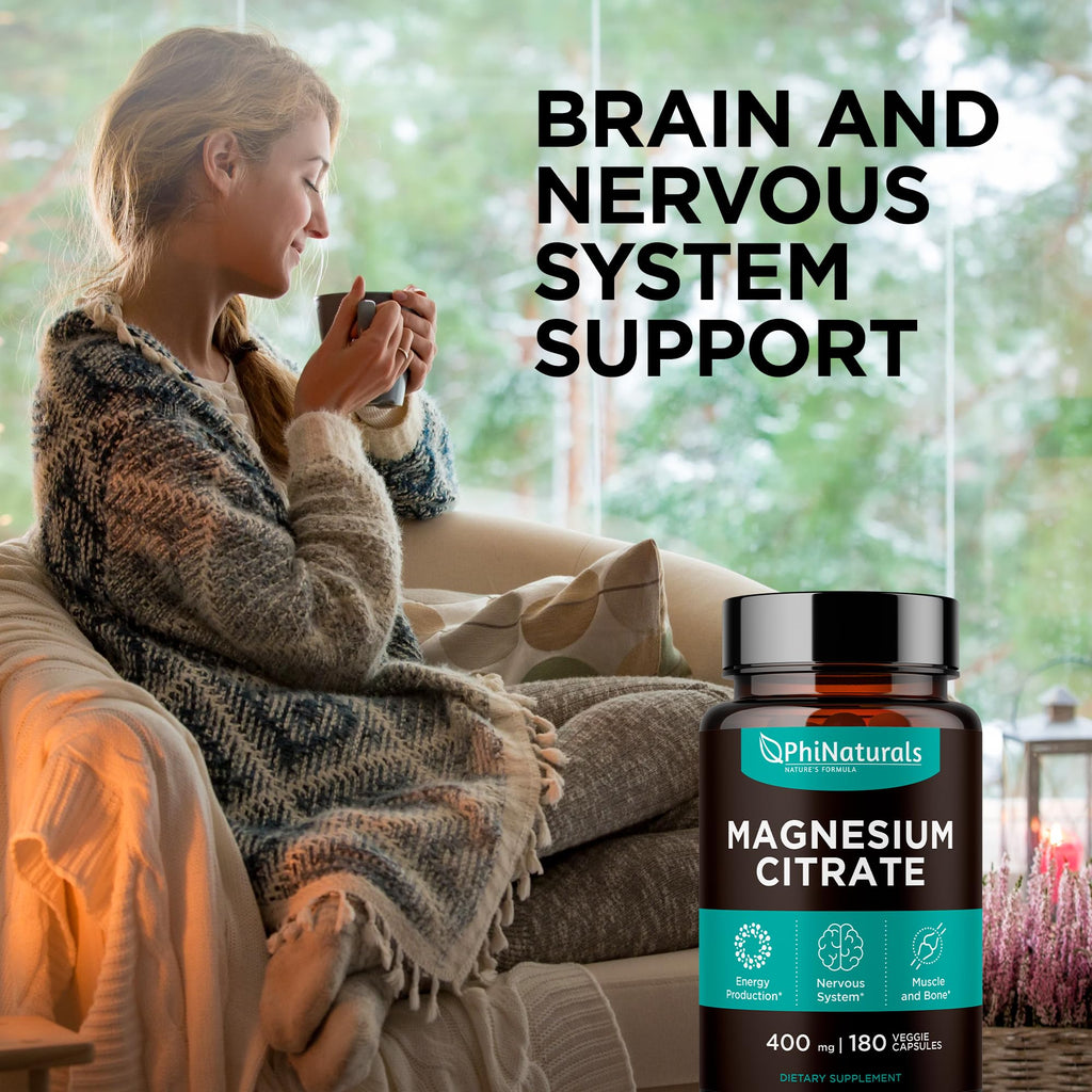 Magnesium Citrate Powder Capsules 400mg - 180 Count Veg Caps - PhiNaturals Supplements - Nervous System Support and Enzyme Function - FENGGESTORE20