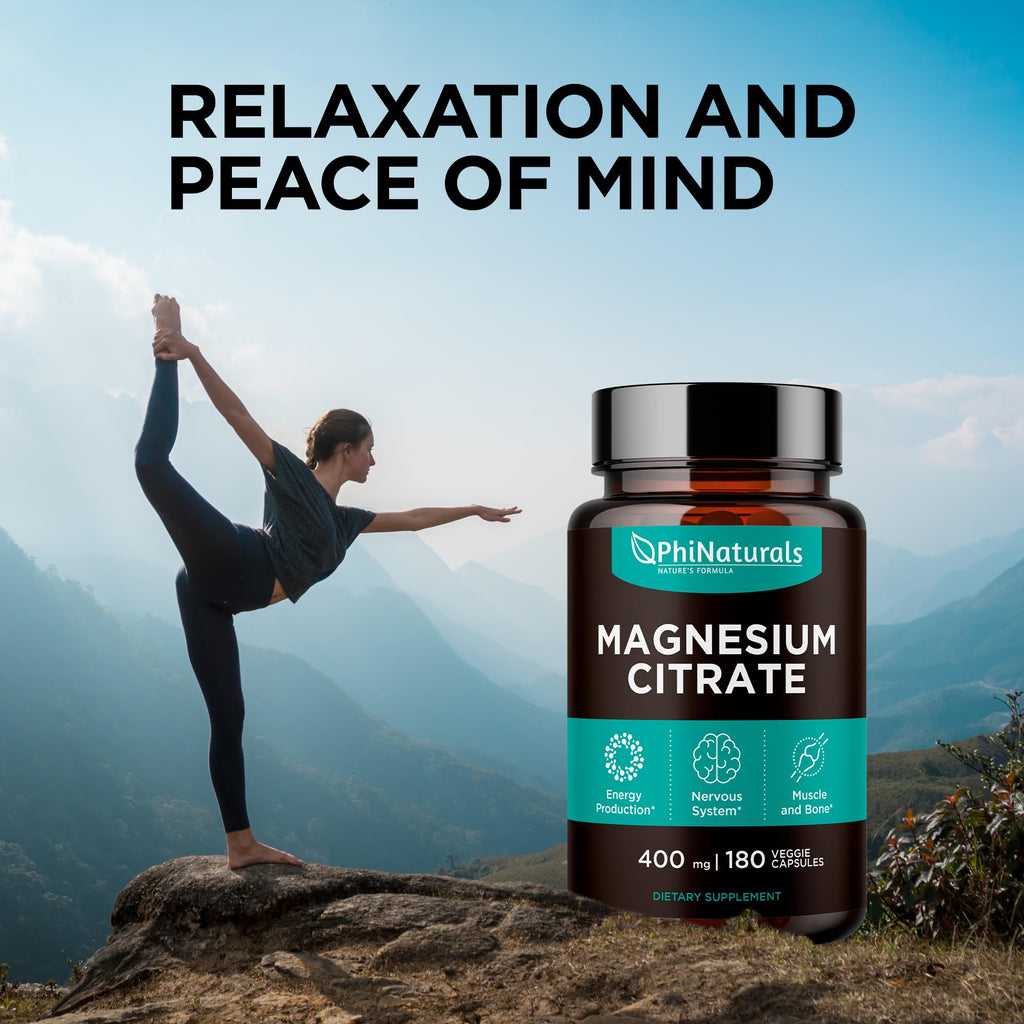 Magnesium Citrate Powder Capsules 400mg - 180 Count Veg Caps - PhiNaturals Supplements - Nervous System Support and Enzyme Function - FENGGESTORE20