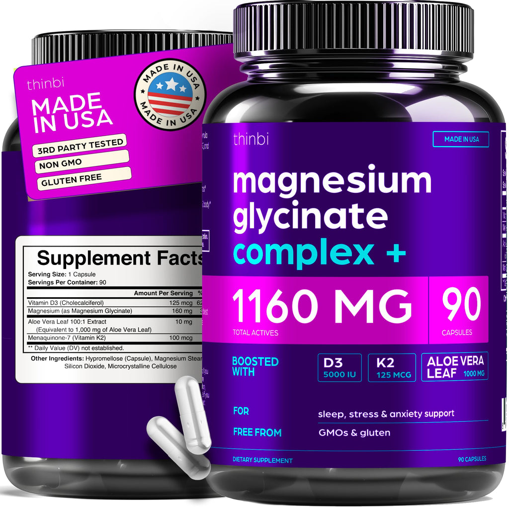 Magnesium Glycinate 1160mg + Aloe Vera, D3 & K2 Complex 90 Capsules - High Absorption, Non-Laxative - Supports, Muscle Function & Healthy Metabolism Chelated Formula - FENGGESTORE20