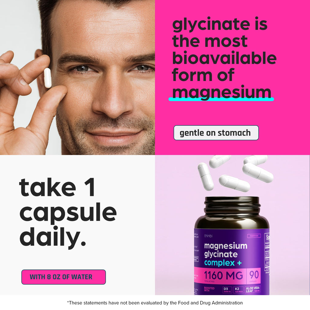 Magnesium Glycinate 1160mg + Aloe Vera, D3 & K2 Complex 90 Capsules - High Absorption, Non-Laxative - Supports, Muscle Function & Healthy Metabolism Chelated Formula - FENGGESTORE20