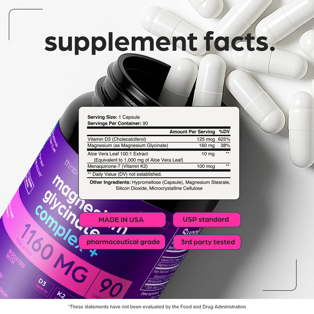 Magnesium Glycinate 1160mg + Aloe Vera, D3 & K2 Complex 90 Capsules - High Absorption, Non-Laxative - Supports, Muscle Function & Healthy Metabolism Chelated Formula - FENGGESTORE20