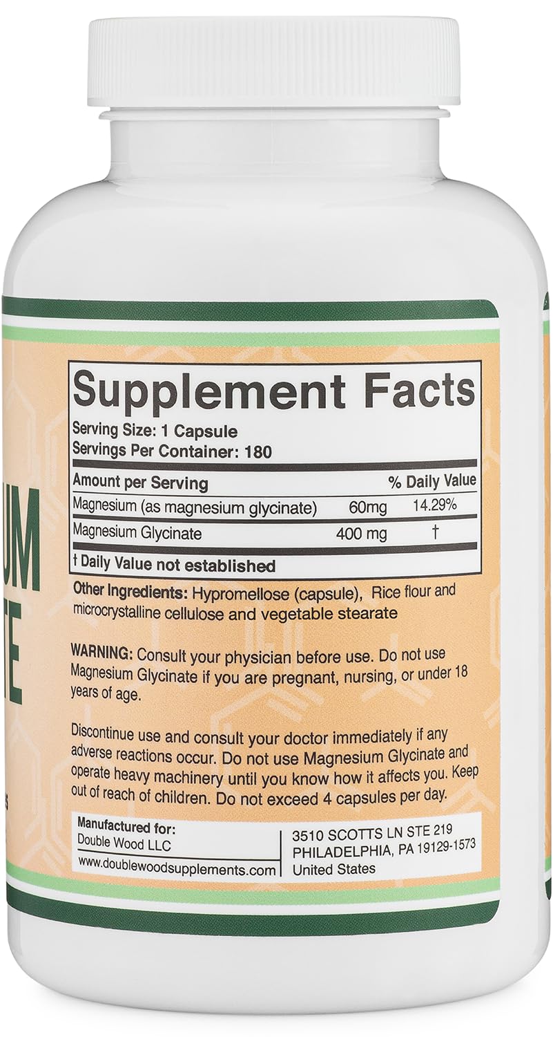 Magnesium Glycinate 400mg | 180 Capsules | Sleep, Muscle, & Heart Support | Vegan, Third Party Tested, Gluten Free, Non-GMO, by Double Wood Supplements - FENGGESTORE20