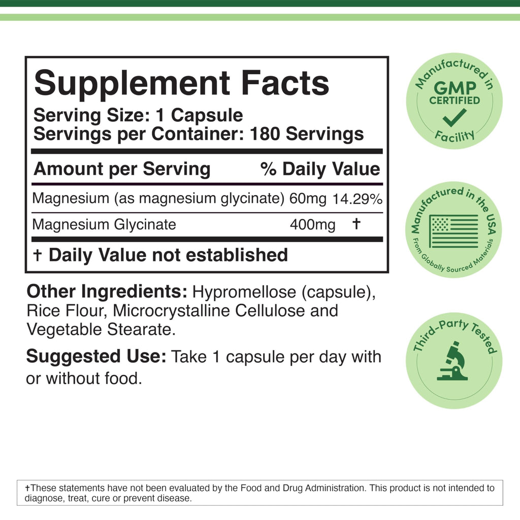 Magnesium Glycinate 400mg | 180 Capsules | Sleep, Muscle, & Heart Support | Vegan, Third Party Tested, Gluten Free, Non-GMO, by Double Wood Supplements - FENGGESTORE20