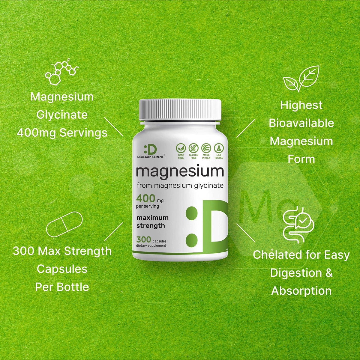 Magnesium Glycinate 400mg, 300 Capsules | 100% Chelated for Easy Absorption | Essential Mineral Supplement for Muscle, Sleep, & Heart Health* - FENGGESTORE20