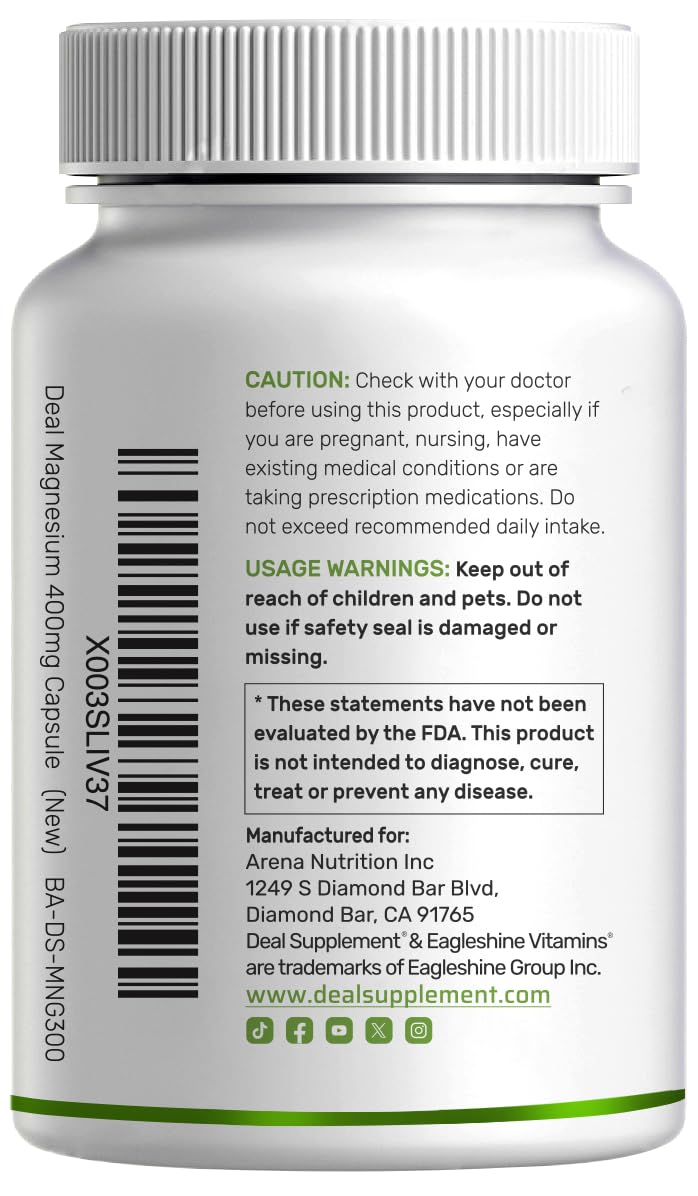 Magnesium Glycinate 400mg, 300 Capsules | 100% Chelated for Easy Absorption | Essential Mineral Supplement for Muscle, Sleep, & Heart Health* - FENGGESTORE20