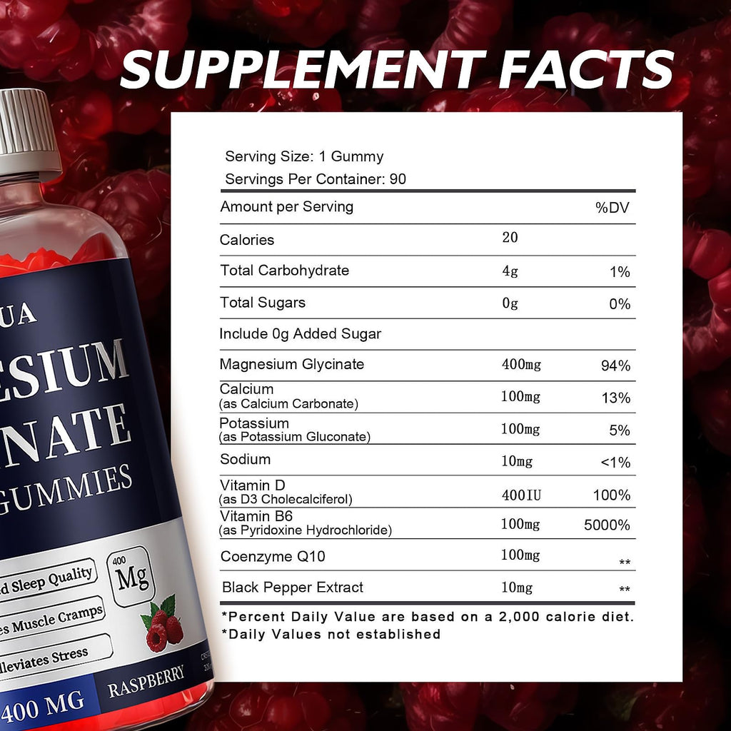 Magnesium Glycinate 400mg Gummies, Sugar Free Magnesium Gummies with Vitamins D, B6 for Sleep Support, - FENGGESTORE20