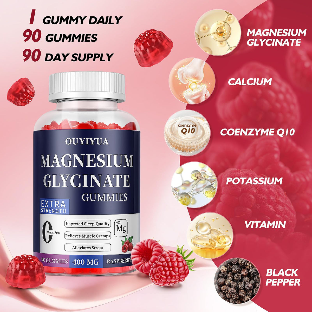 Magnesium Glycinate 400mg Gummies, Sugar Free Magnesium Gummies with Vitamins D, B6 for Sleep Support, - FENGGESTORE20