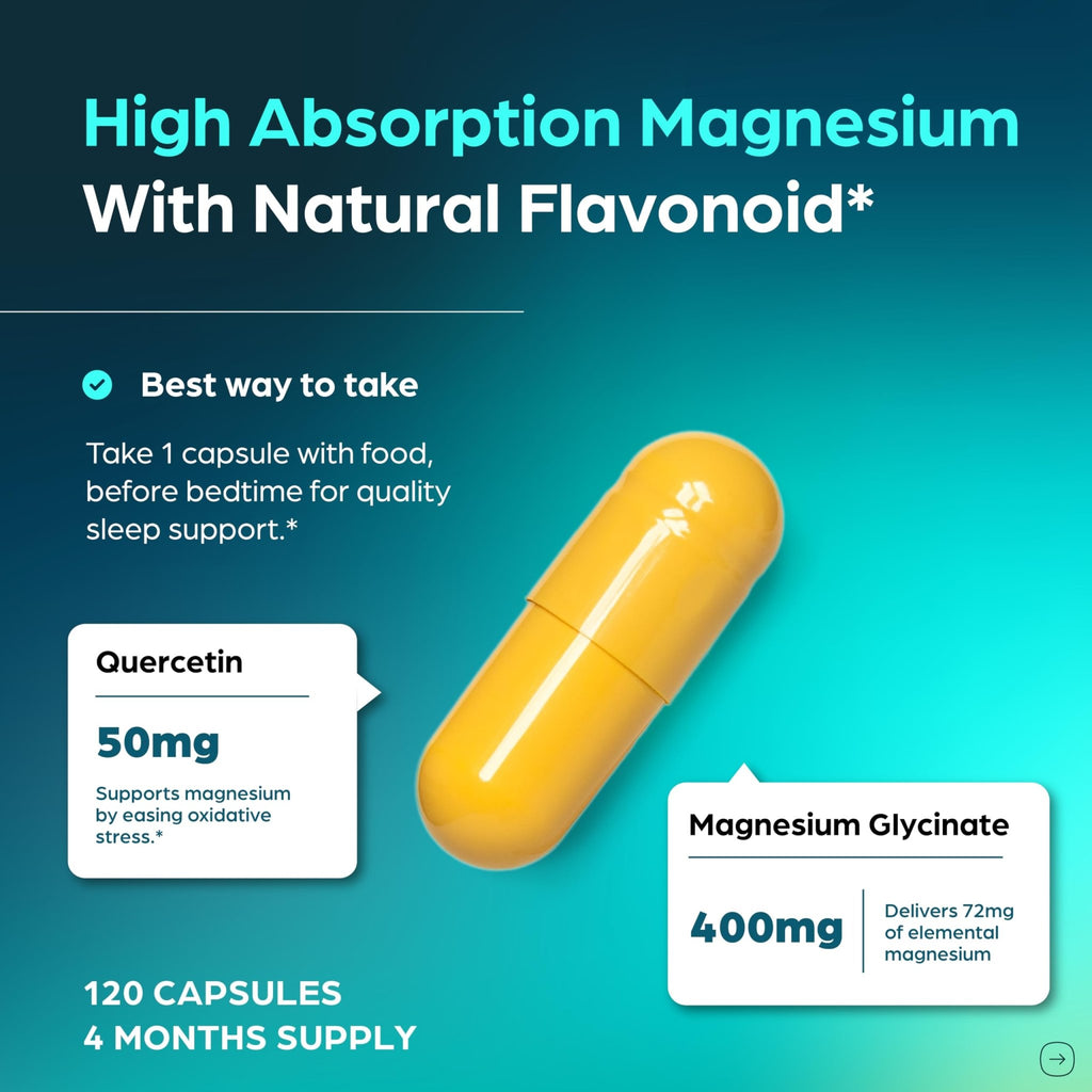 Magnesium Glycinate 400mg High Absorption Capsules with Quercetin | Quality Sleep, Relaxation & Muscle Health Supplement for Women and Men | Chelated Magnesium 120 Count - FENGGESTORE20