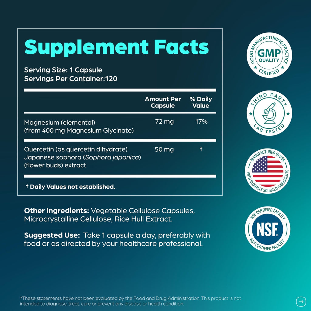 Magnesium Glycinate 400mg High Absorption Capsules with Quercetin | Quality Sleep, Relaxation & Muscle Health Supplement for Women and Men | Chelated Magnesium 120 Count - FENGGESTORE20