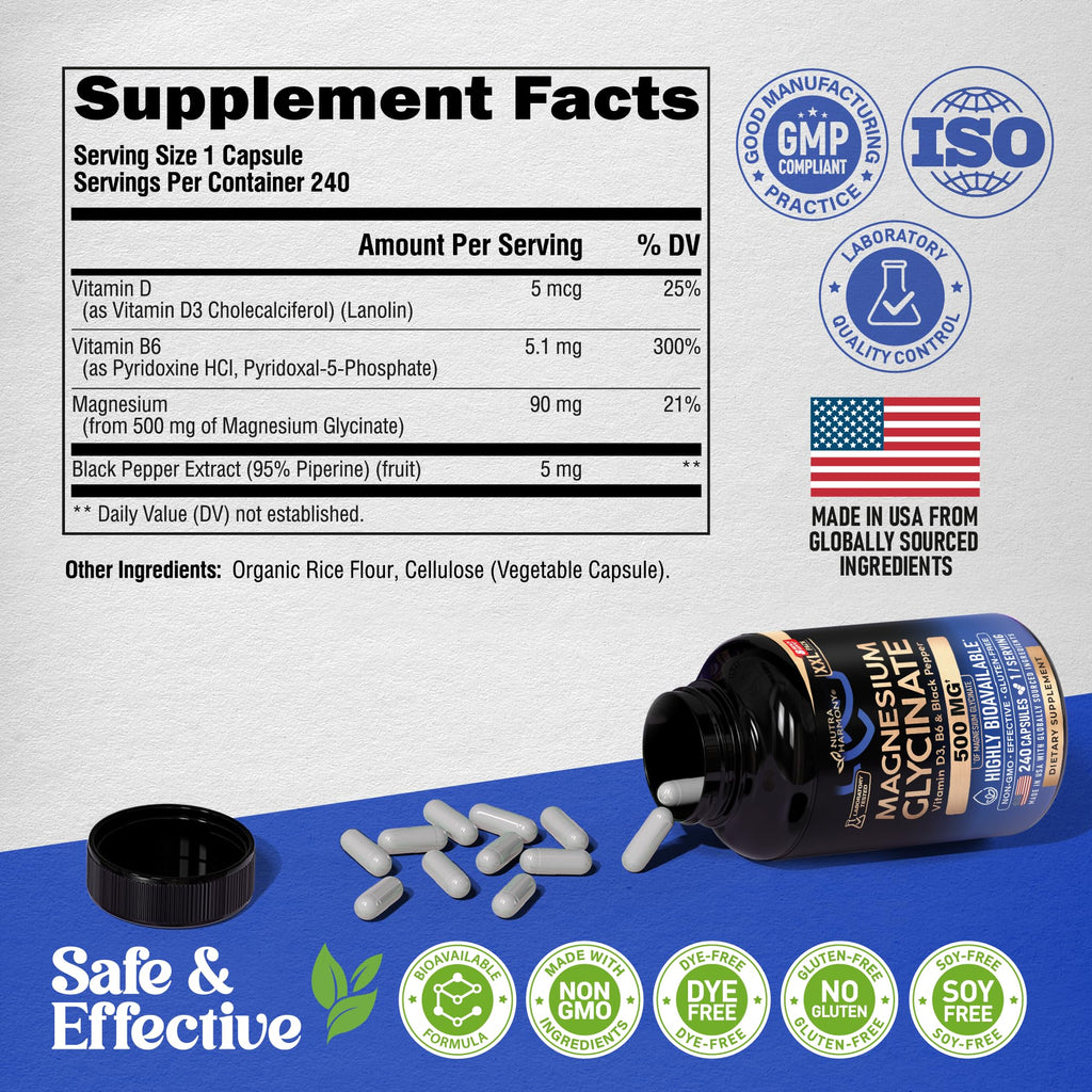 Magnesium Glycinate 500 mg - Chelated Supplement - High Absorption Form of Magnesium - Support for Sleep, Muscle & Heart Health - FENGGESTORE20