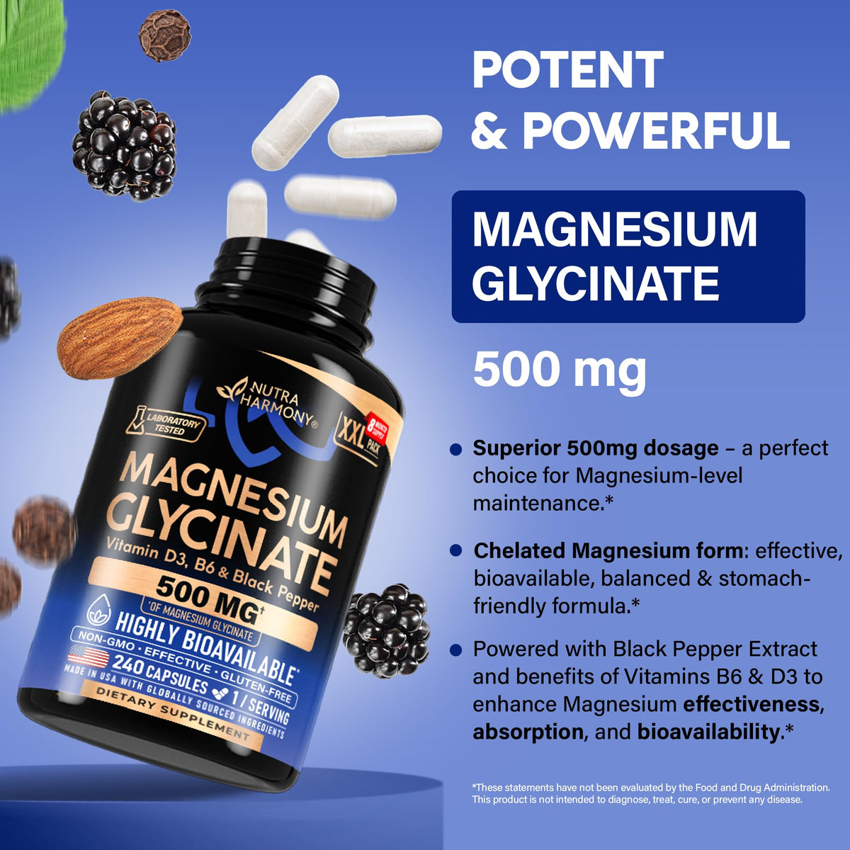 Magnesium Glycinate 500 mg - Chelated Supplement - High Absorption Form of Magnesium - Support for Sleep, Muscle & Heart Health - FENGGESTORE20